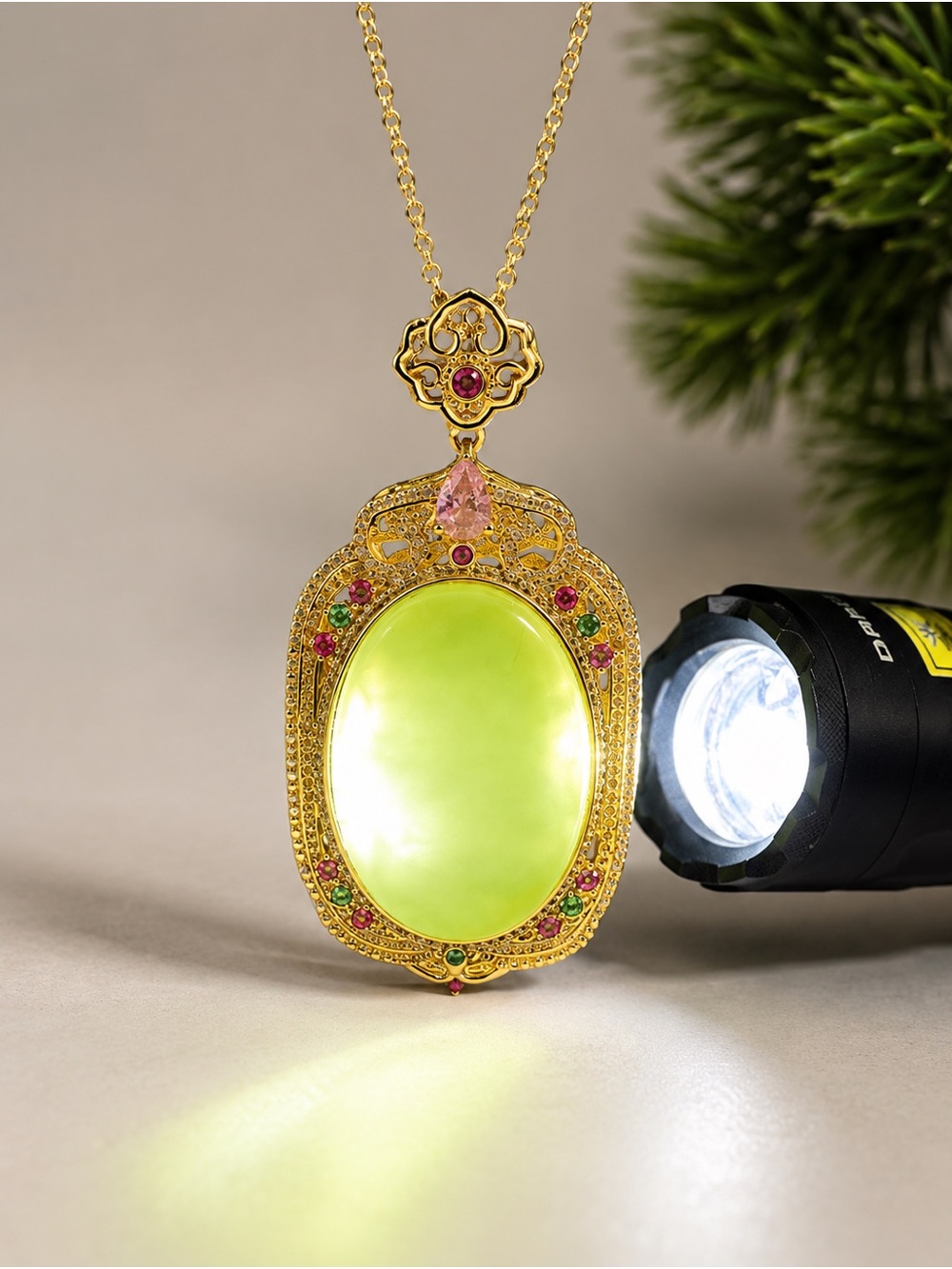 Gold-Tone Green Jade like Pendant Necklace - Elegant Women's Jewelry